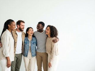 Fototapeta premium Diverse group of friends laughing together, bright white background, copy space on the right