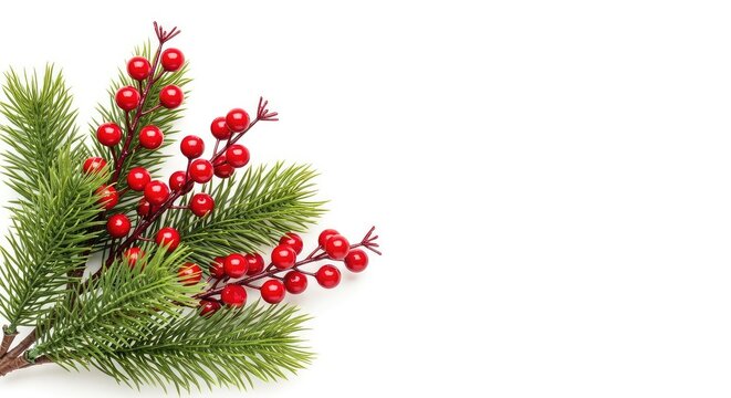 Festive holiday composition featuring green pine branches and bright red winter berries arranged elegantly on a clean white background, nature, composition, texture