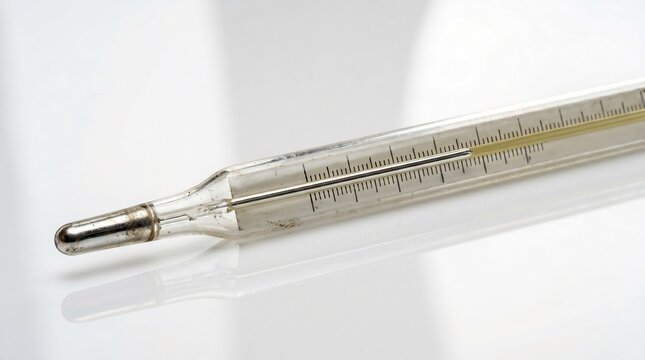 Close-up of mercury thermometer on white.