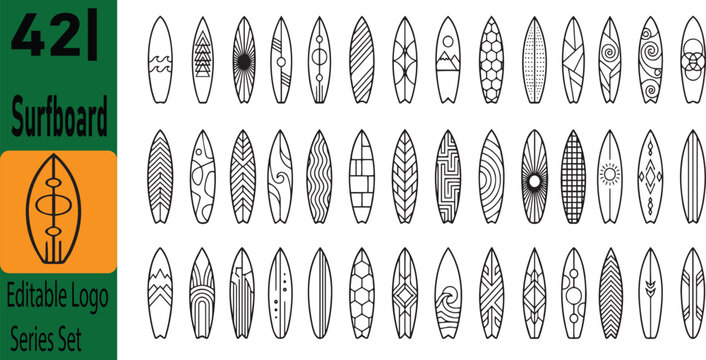 Diverse set of 42 surfboard outline logo icons surfing wave icon set