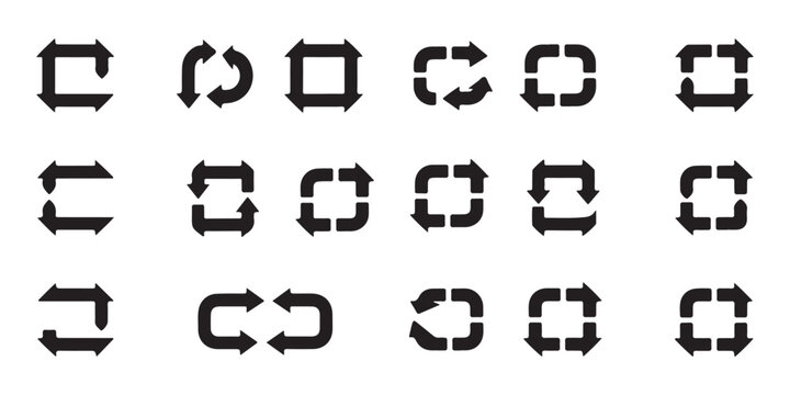Modern black arrow icons for refresh repeat cycle and direction in square and rounded shapes.