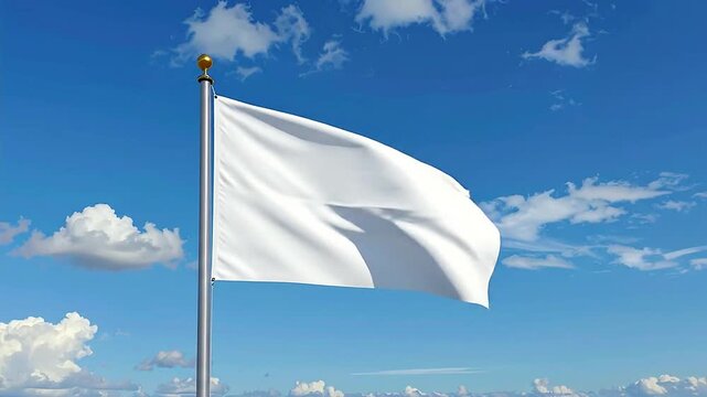 A blank white flag waving against a bright blue sky with soft white clouds