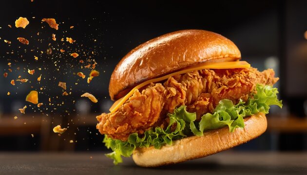 A crispy fried chicken sandwich with melted cheese and fresh lettuce on a brioche bun, with crumbs exploding mid-air.