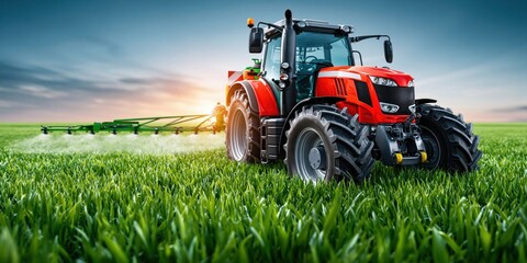 Naklejka premium Agricultural machinery cultivating vibrant crops under golden light
