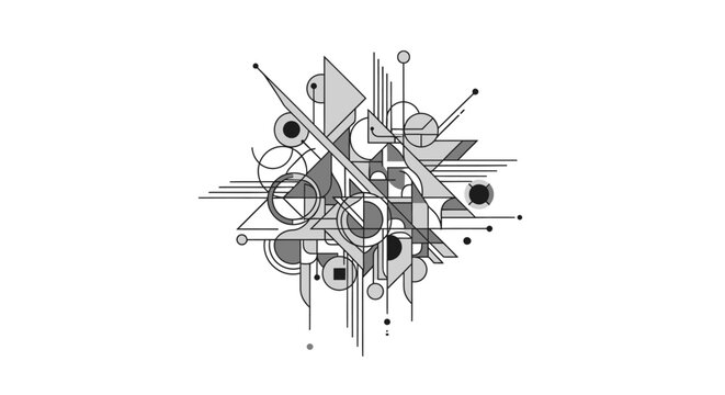 Abstract geometric composition with monochrome shapes and lines, futuristic technical graphic design on white background