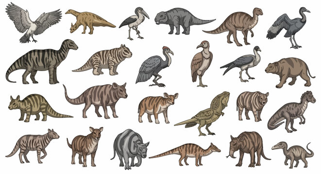 Large collection of extinct prehistoric animals and birds illustration set isolated on white background