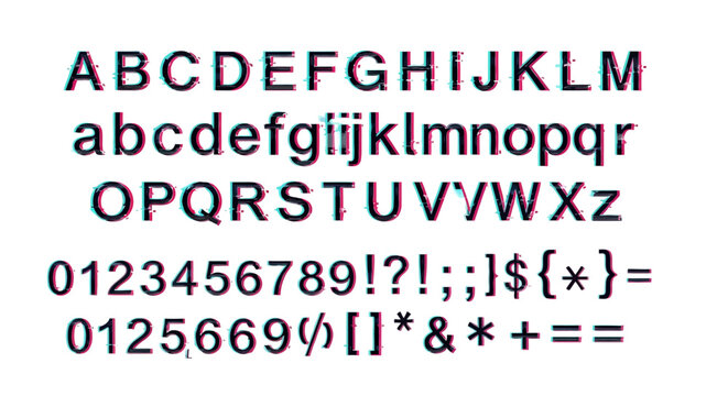 Full glitch alphabet font set with distorted letters numbers and special characters on white background