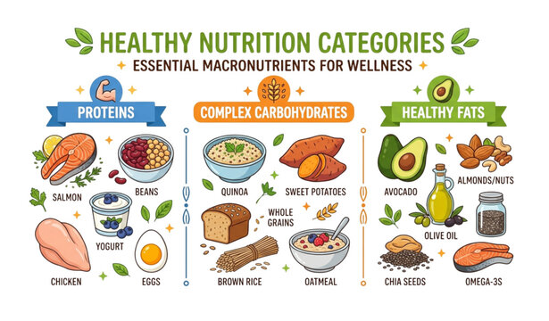 Healthy nutrition macronutrients proteins carbohydrates and fats vector illustration