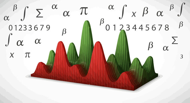 3D mathematical data visualization with integral signs, Greek symbols, and numeric sequences on white background