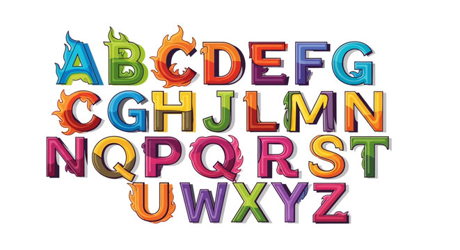 Colorful alphabet set with flaming fire design elements isolated on white background