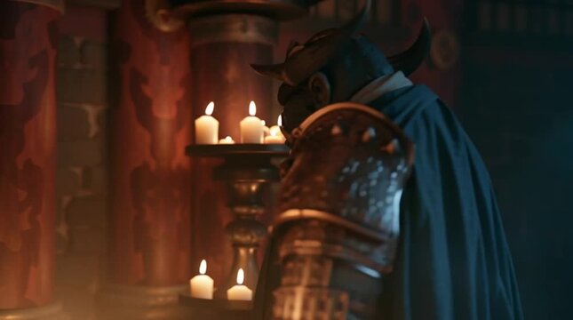 Japanese oni standing inside an abandoned temple illuminated by flickering candlelight and drifting smoke, terrifying yet elegant demon aesthetic