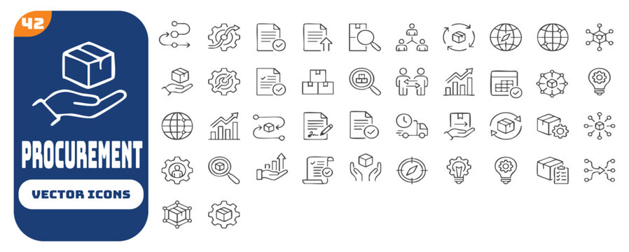 Procurement icon set. Containing distribution, stock, supply chain, purchasing, vendor, supplier, transaction, and more. Editable stroke. Vector illustration.