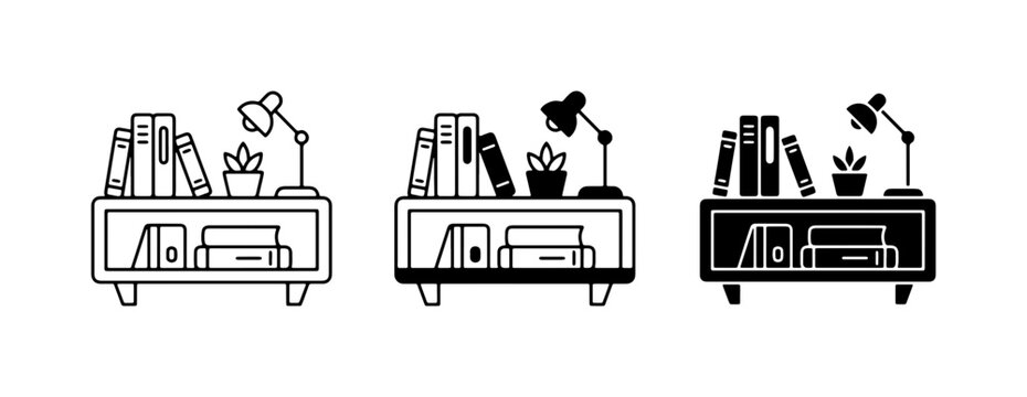 Bookcase icons, shelf with books and lamp, minimalist vector set