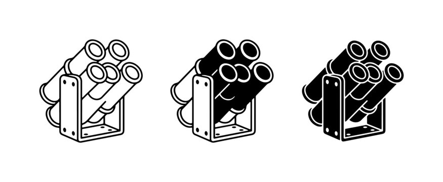 Multiple Rocket Launcher Icons, Military Weapon Vector Graphics, Warfare Symbol Set