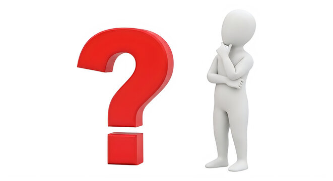 3D White Figure Confused by Large Red Question Mark Against Plain Background