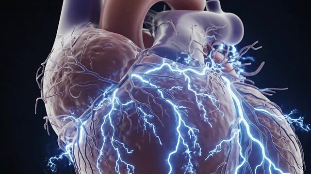 Detailed 3D Render of Human Heart Anatomy with Electrical Impulses Isolated on Dark Background for Medical and Health Concepts