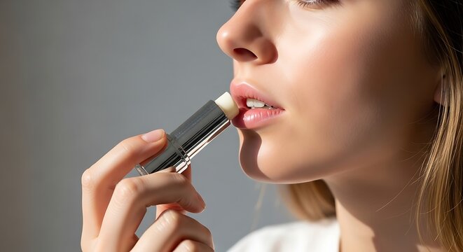 Close-up of a young woman applying lip balm for smooth, hydrated lips and natural beauty