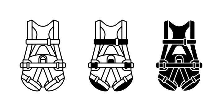Safety Harness Icons, Fall Protection Gear, Climbing Equipment, Industrial Safety Vector Set