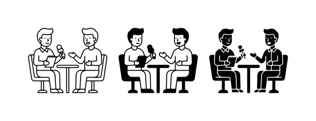 Fototapeta premium Podcast Interview Icons, Conversation Set, Two Men Talking with Microphone