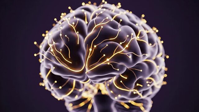Digital Rendering Of A Human Brain With Glowing Neural Pathways Against A Dark Background For Neuroscience And Medical Technology Visuals