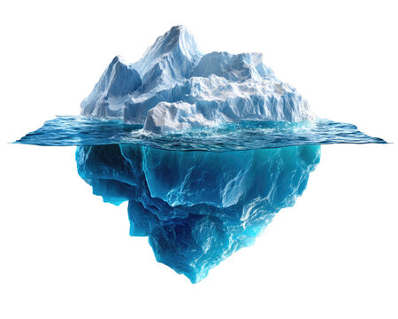 Floating Iceberg with Submerged Mass: A striking visual of a massive iceberg, half above and half below the water's surface, with its vast, hidden underwater mass dramatically revealed.