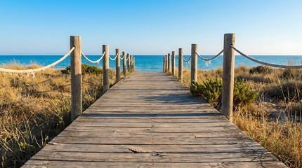 Obraz premium Boardwalk made of weathered wooden planks leads directly toward the calm blue water of the ocean under a clear sky.