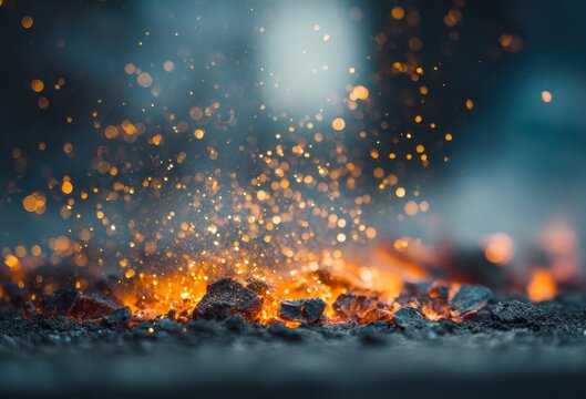 Fiery glowing embers and sparks ignited on hot charcoal in a close-up view with a blurred smoky background creating a dramatic intense atmosphere