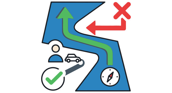 Navigation illustration showing correct path wrong turns and directional tools