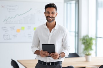 Fototapeta premium Smiling small business owner presenting KPI dashboard on tablet in modern office. Young entrepreneur showing growth metrics, sales performance and startup business planning report