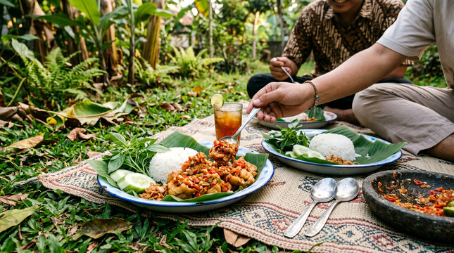 Banana Leaf Tahu Geprek Picnic Set in a Village Garden