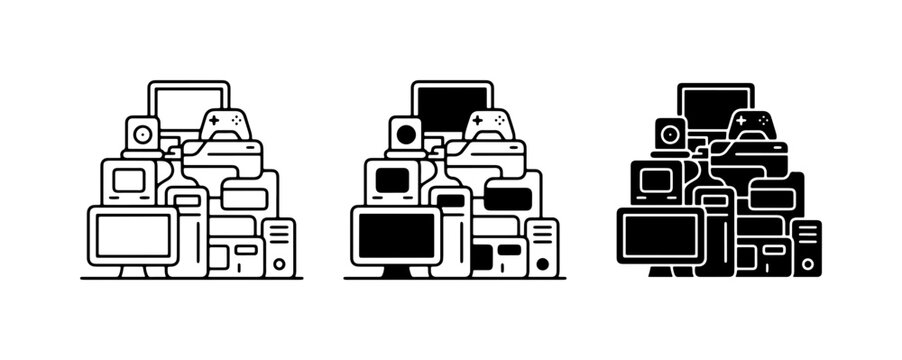 Electronic Waste Pile Icons, Computer Recycling Clutter, Old Tech Disposal Graphics