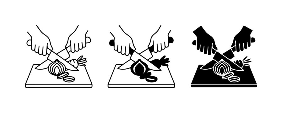 Chopping Onion Icons: Line Art, Silhouette, Solid Fill, Food Prep, Cooking Instructions