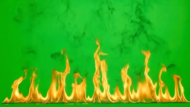 A bright line of orange flames burning against a solid green background