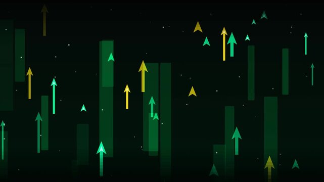 Abstract financial background loop featuring rising green and yellow stock market candlestick charts with arrows moving up over a dark backdrop. Ideal for business presentation slides