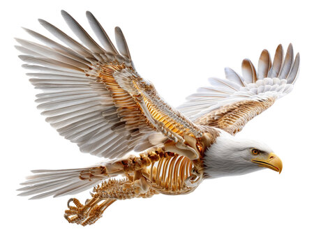 Anatomical Eagle in Flight: A majestic eagle in flight, revealing its intricate skeletal structure and powerful musculature, symbolizing freedom and strength.