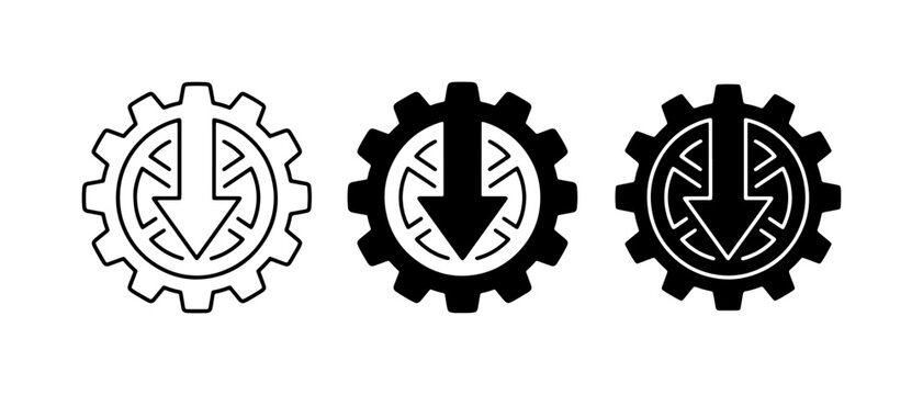 Gear Down Arrow Icons, Industrial Process Symbols, Download Mechanism Vector Graphics