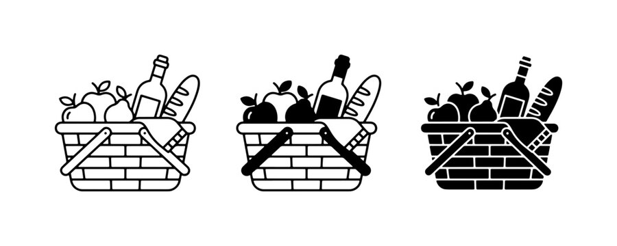Picnic Basket Icons: Food, Wine, Bread, Fruit Set, Vector Graphics