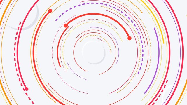 Abstract minimalist background loop featuring colorful red, purple, and yellow circular infographic data lines rotating on a clean white backdrop. Ideal for creative presentation slides
