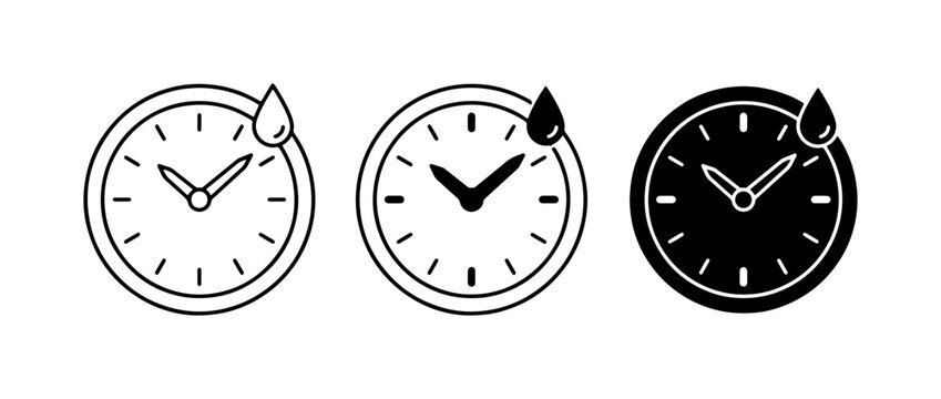 Time Icons Set: Clock with Water Drop, Time Management, Deadline, Schedule, Timeliness