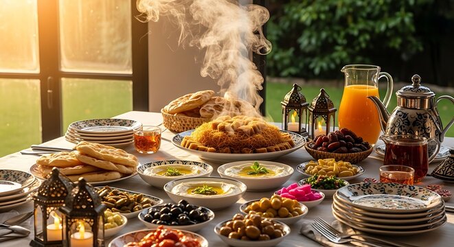 Family-style meal featuring a variety of dishes including roasted meats, vegetables, and bread on a dining table.
