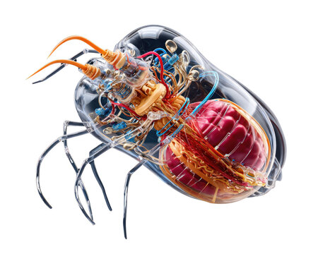Microscopic Robot Explorer: An intricate, transparent robotic insect designed for exploration, showcasing its complex internal mechanics and vibrant, colorful components against a clean background.