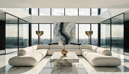 Modern luxury living room with panoramic windows white sofas marble floor and abstract art © Rasa