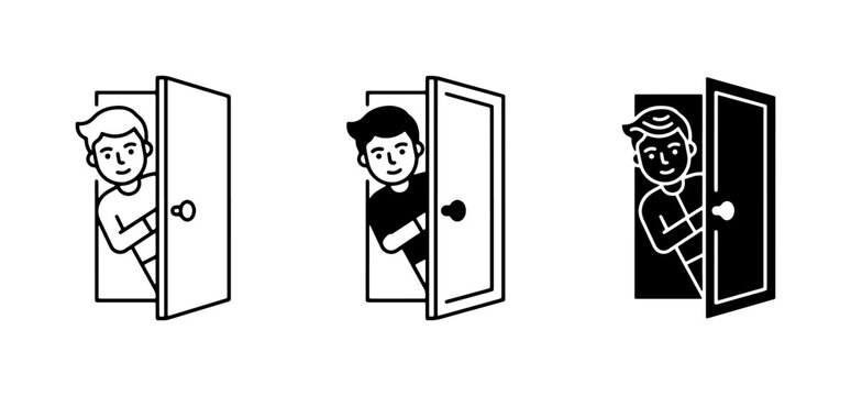 Peeking Man Icons, Person Behind Door Vector Graphics, Curious Character Illustrations