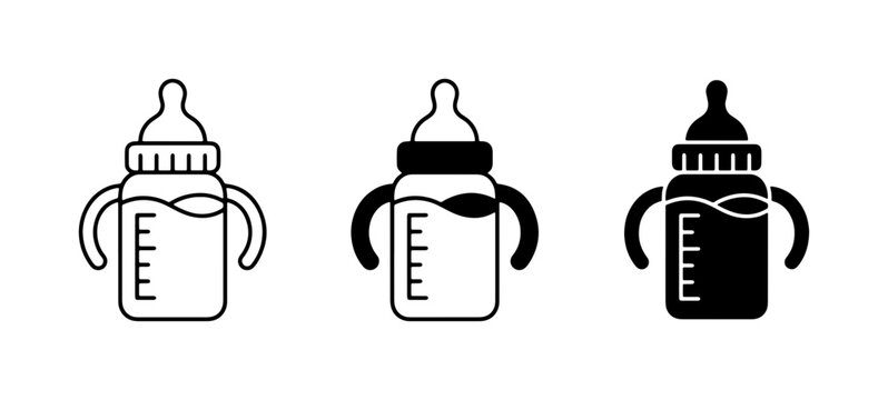 Baby Feeding Bottle Icons, Infant Drinkware, Toddler Sippy Cup Vector Set