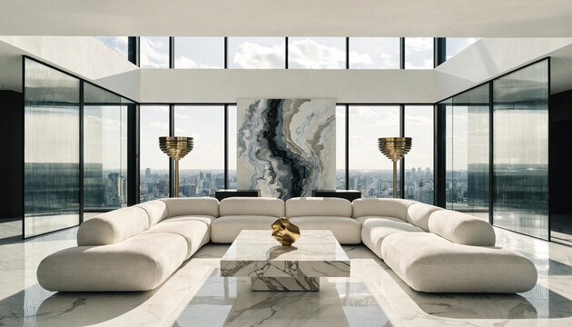 Modern luxury living room with panoramic windows white sofas marble floor and abstract art