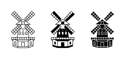 Windmill Icons Set, Traditional Dutch Mill Vector Graphics, Agricultural Building Symbols © Rofiqe