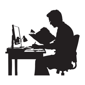 Black silhouette of a man sitting at a desk with a computer and lamp, holding a large open folder, isolated on a white background, side view