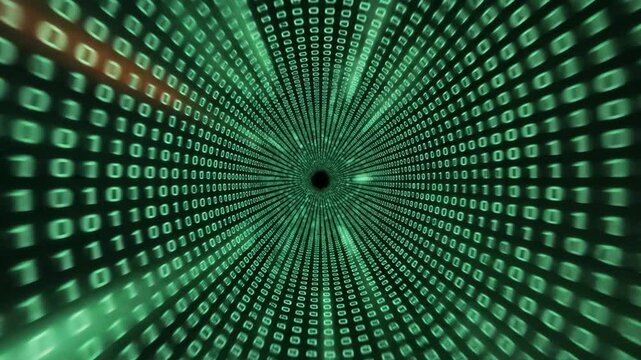 Abstract Endless Tunnel of Binary Code Zeros and Ones Flying Past the Camera in Matrix Green Color Palette