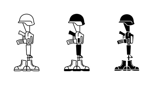 Military Fallen Soldier Memorial Icons, Vector Set: Remembrance, Honor, Sacrifice, Combat Boots, Helmet, Rifle, Black and White Graphics for Veterans Day, Memorial Day, and Remembrance Day