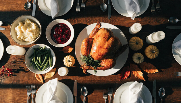 Overhead view of festive holiday dinner table with roasted turkey and side dishes